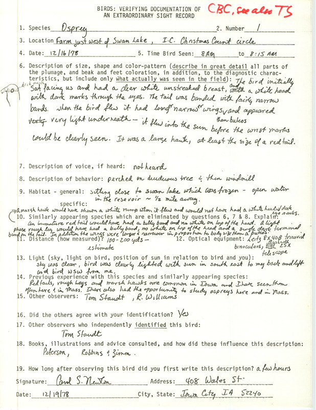 Rare bird documentation form for a Osprey at Swan Lake in Johnson County, IA on December 16, 1978.