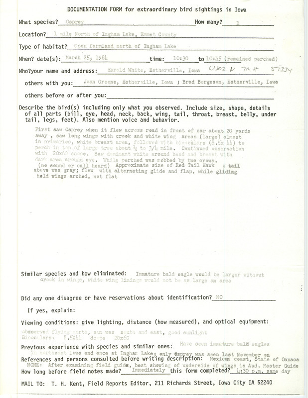 Rare bird documentation form for an Osprey at Ingham Lake in Emmet County, IA on March 25, 1984.