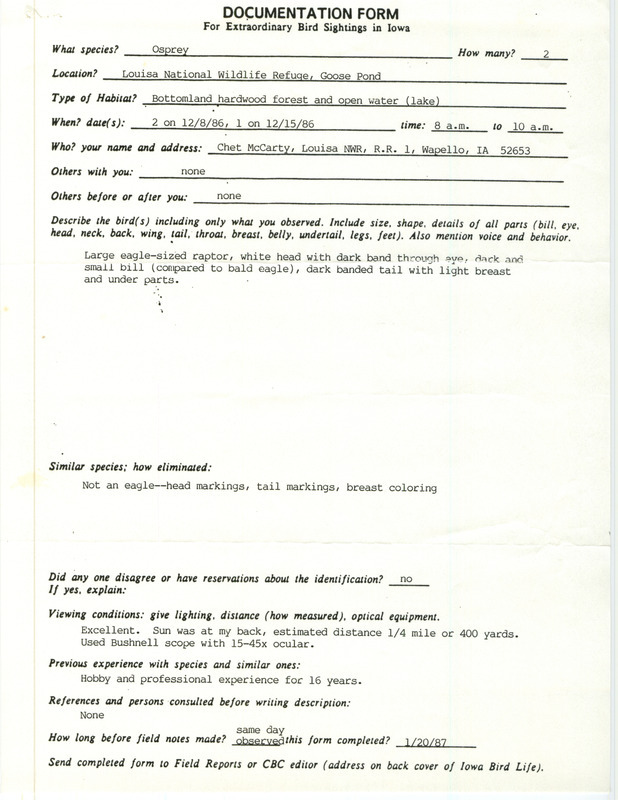 Rare bird documentation form for two Ospreys at Goose Pond at Louisa National Wildlife Refuge in Louisa County, IA on December 8, 1986 and one Osprey on December 15, 1986.