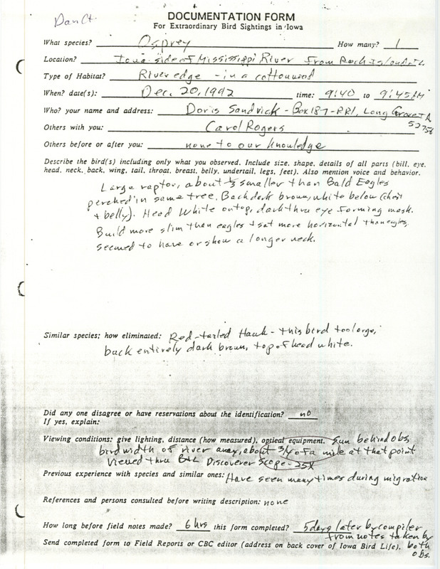 Rare bird documentation form for Osprey at the Mississippi River near Davenport in Scott County, IA on December 20, 1992.