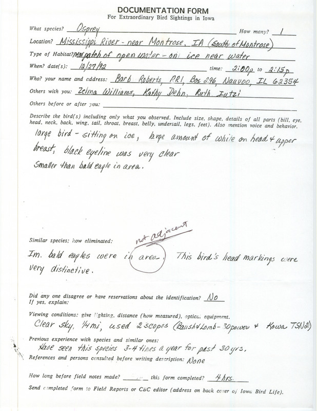 Rare bird documentation form for a Osprey at Montrose in Lee County, IA on December 27, 1992.