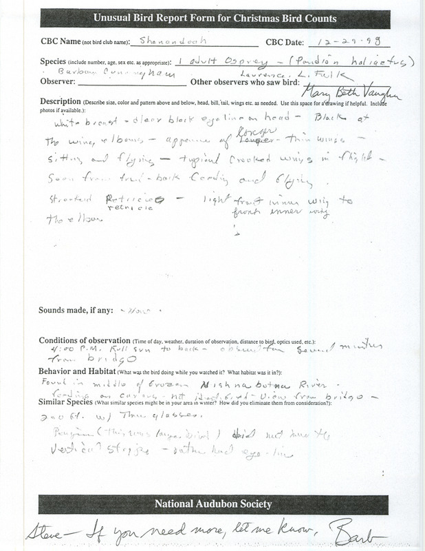 Christmas Bird County form documenting the sighting of an Osprey at Shenandoah in Page County, IA on December 29, 1998.