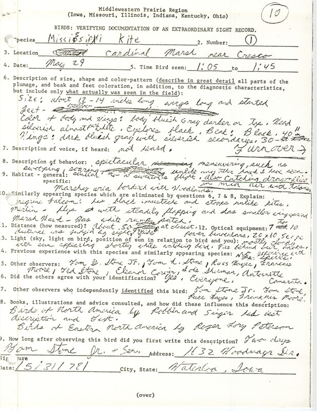 Rare bird documentation form for a Mississippi Kite at Cardinal March in Winneshiek County, IA on May 29, 1978.