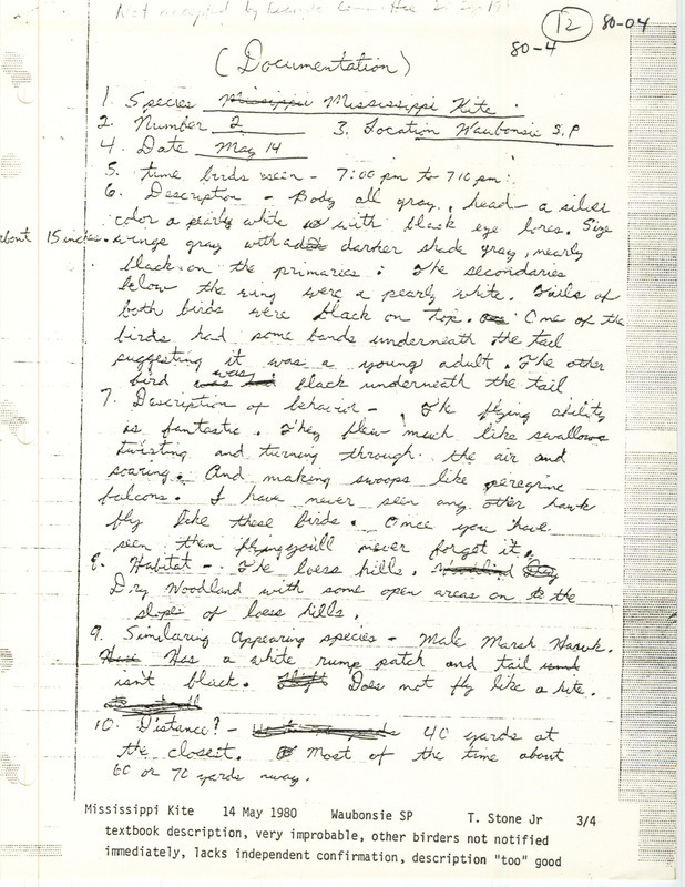 Rare bird documentation form for two Mississippi Kites at Waubonsie State Park in Fremont County, IA on May 14, 1980.