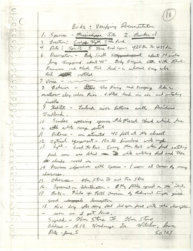 Rare bird documentation form for a Mississippi Kite at George Wyth State Park in Black Hawk County, IA on April 12 in an unknown year.