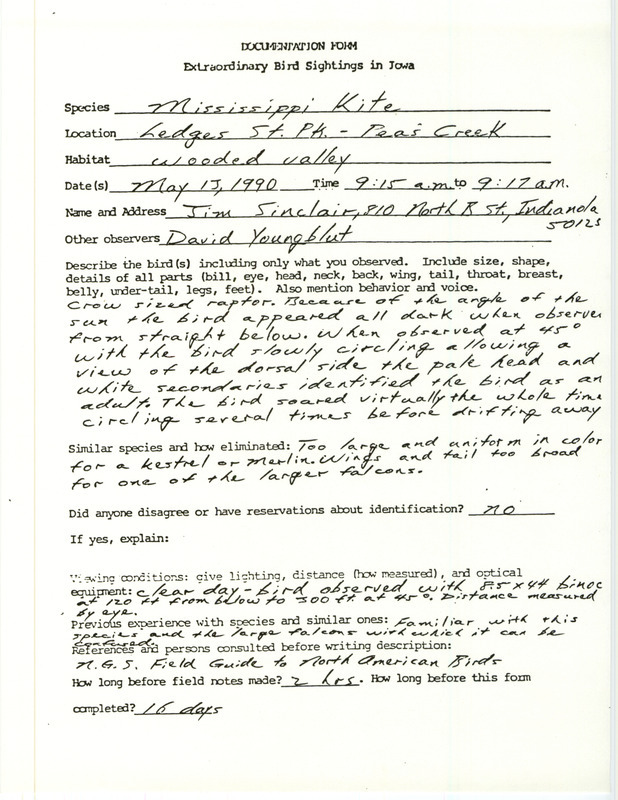 Rare bird documentation form for a Mississippi Kite at Ledges State Park in Boone County, IA on May 13, 1990.