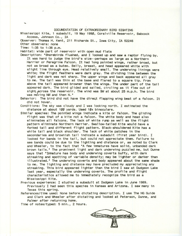 Rare bird documentation form for a Mississippi Kite at Coralville Reservoir in Johnson County, IA on May 19, 1990.