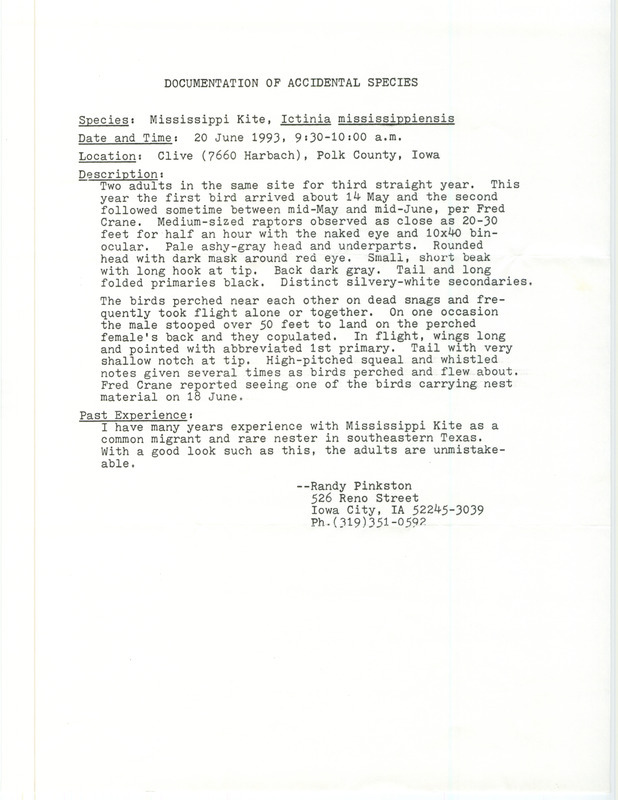 Rare bird documentation form for two Mississippi Kites at Clive in Polk County, IA on June 20, 1993.