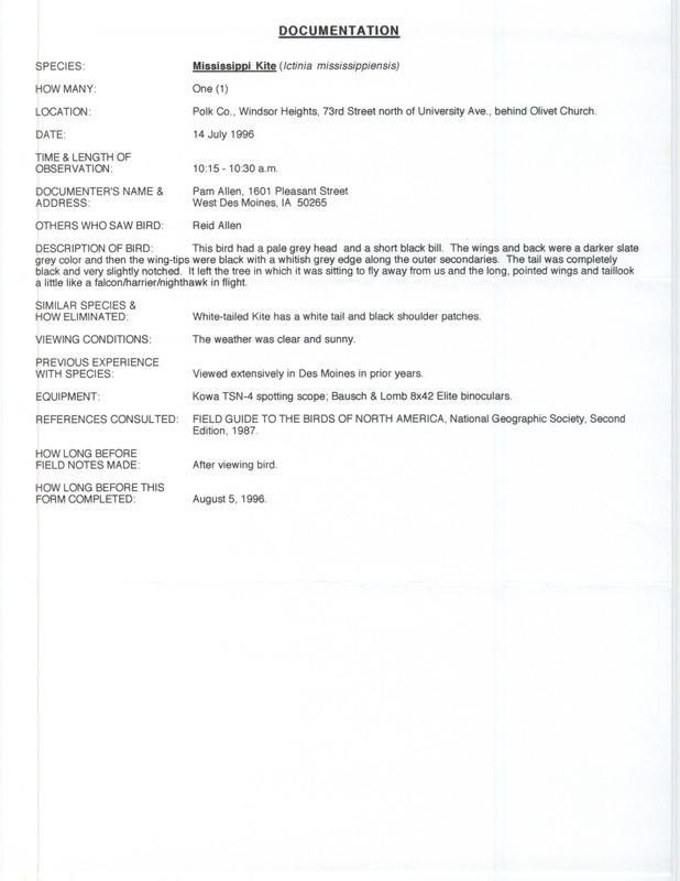 Rare bird documentation form for a Mississippi Kite at Olivet Church in Polk County, IA on July 14, 1996.