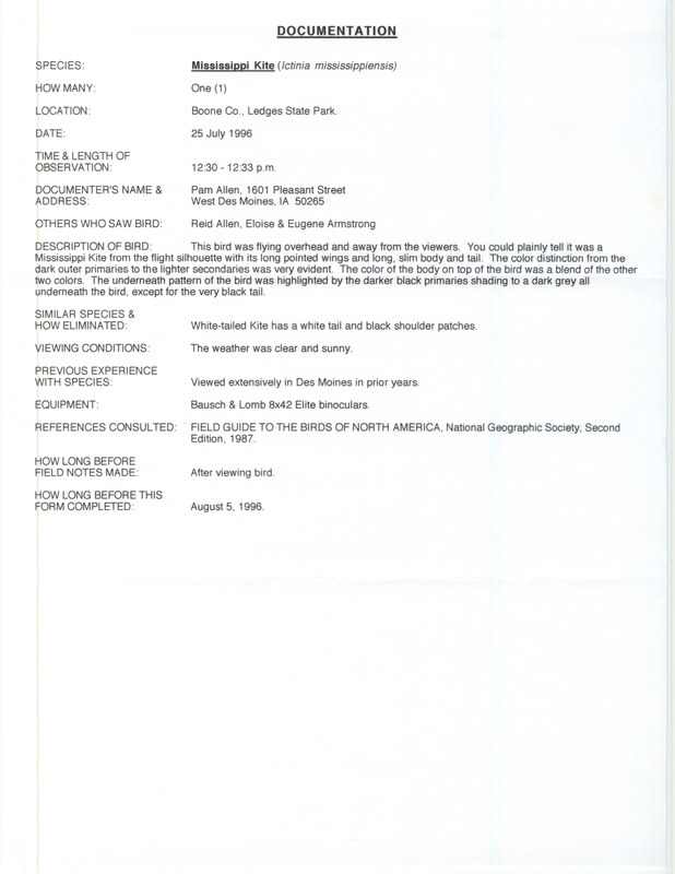 Rare bird documentation form for a Mississippi Kite at Ledges State park in Boone County, IA on July 25, 1996.