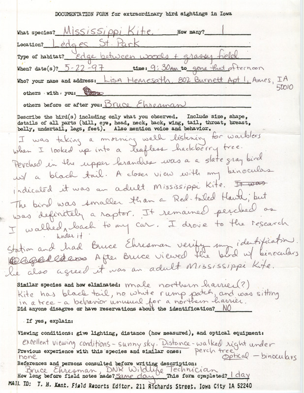 Rare bird documentation for a Mississippi Kite at Ledges State Park in Boone County, IA on May 22, 1997.