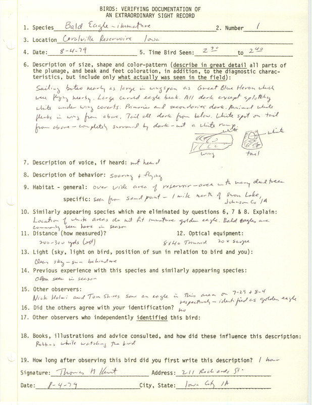 Rare bird documentation form for a Bald Eagle at Coralville Reservoir in Johnson County, IA on August 4, 1979.