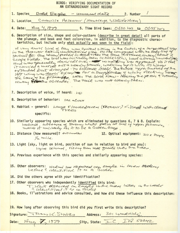 Rare bird documentation form for a Bald Eagle at Hawkeye Wildlife Area near Coralville Reservoir in Johnson County, IA on August 4, 1979.