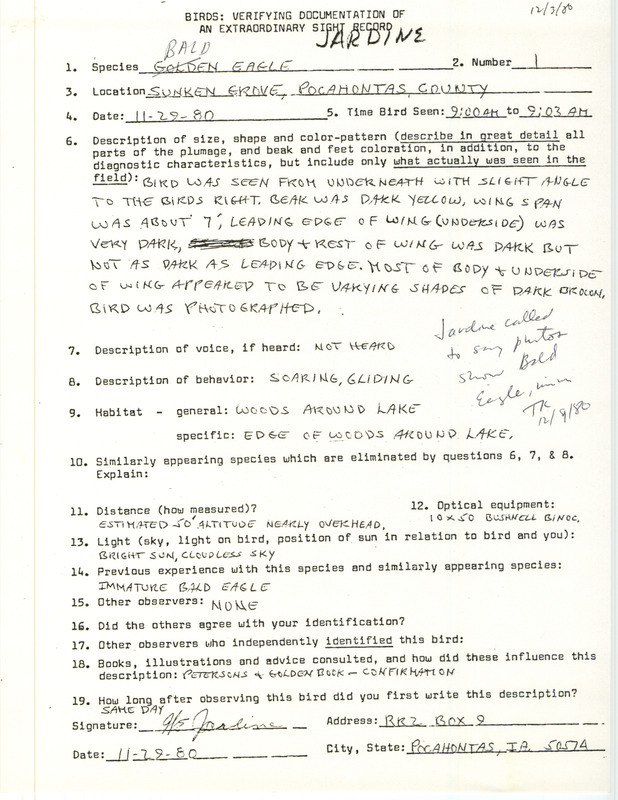 Rare bird documentation form for a Bald Eagle at Sunken Grove in Pocahontas County, IA on November 29, 1980.