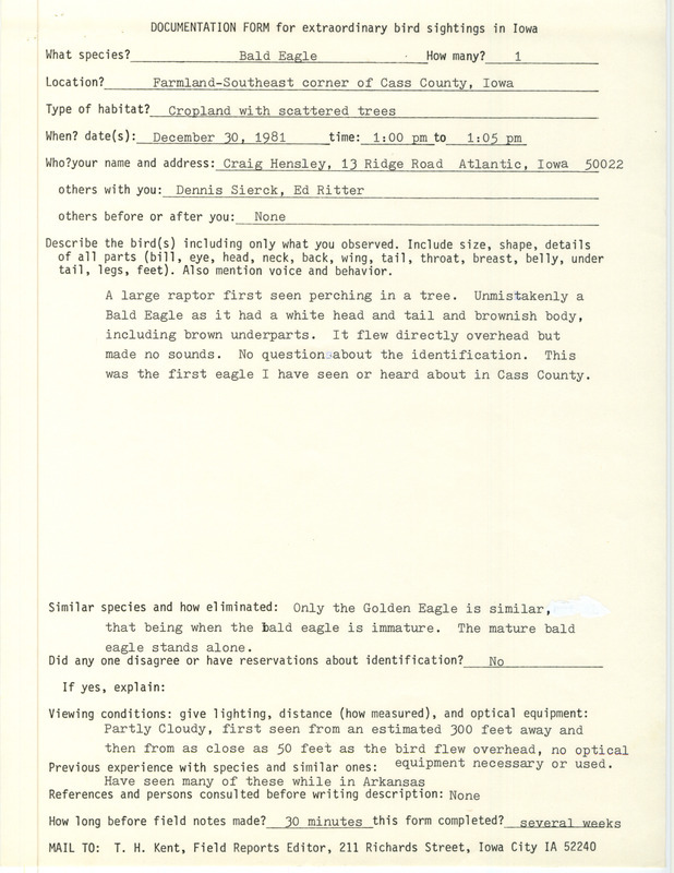 Rare bird documentation form for a Bald Eagle at Cass County, IA on December 30, 1981.