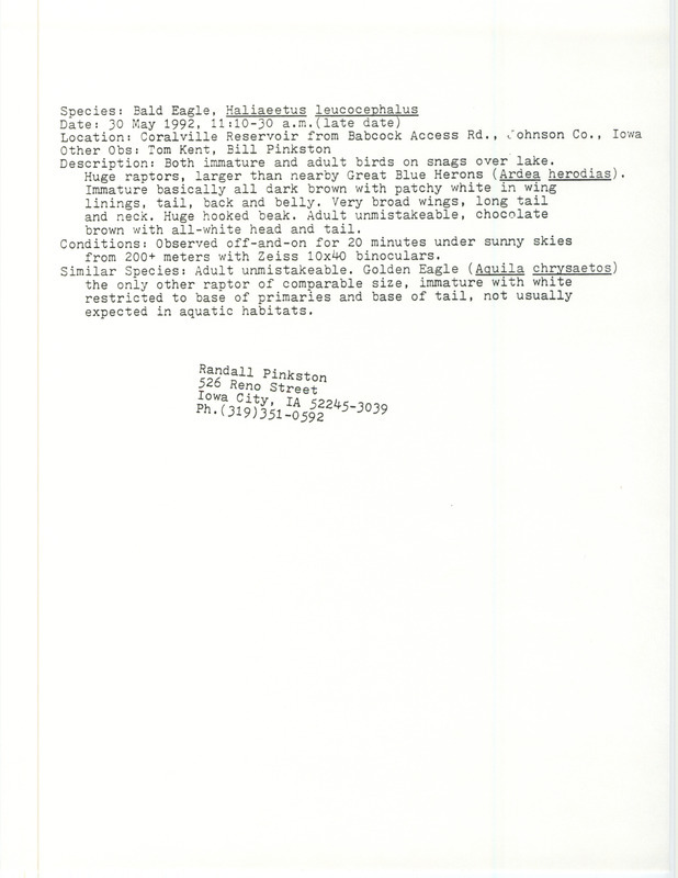 Rare bird documentation form for two Bald Eagles at Babcock Access Rd. at Coralville Reservoir in Johnson County, IA on May 30, 1992.