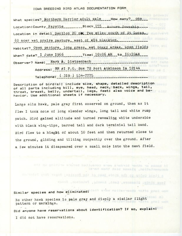 Rare bird documentation form for a Northern Harrier at St. Lucas in Fayette County, IA on June 1, 1986.