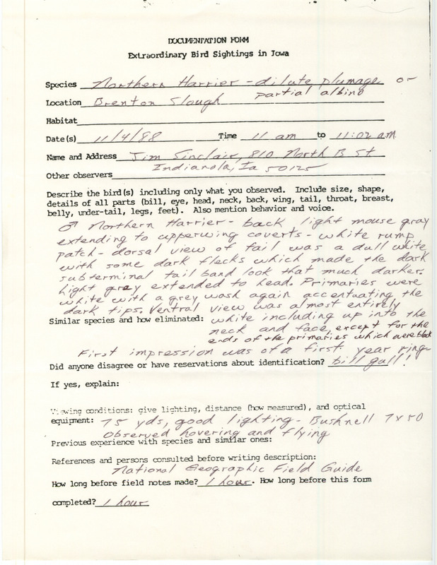 Rare bird documentation form for a Northern Harrier at Brenton Slough in Polk County, IA on November 4, 1988.