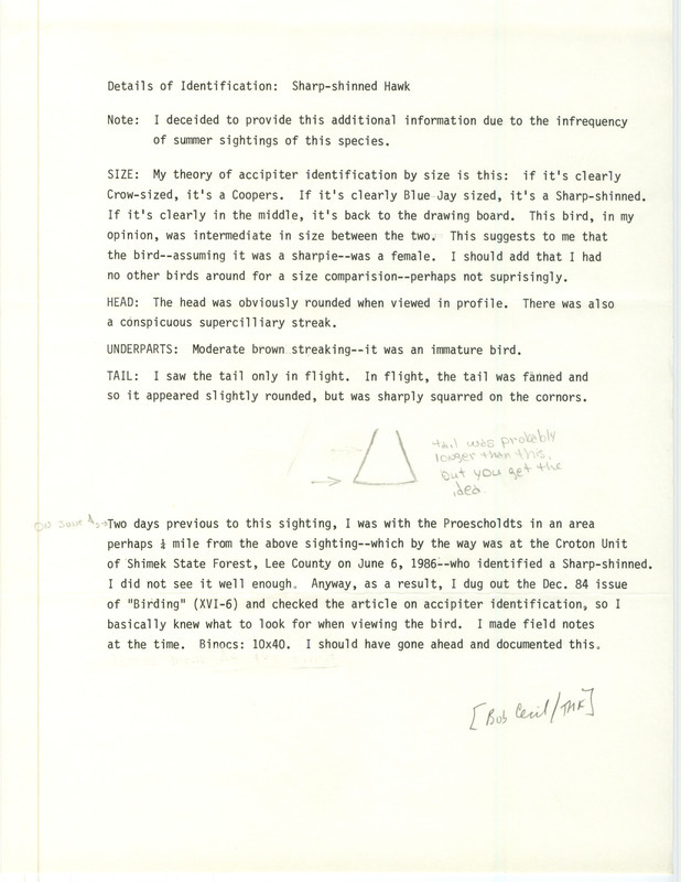 Rare bird documentation form for Sharp-shinned Hawk at Croton Unit in Shimek State Forest in Lee County, IA on June 6, 1986.