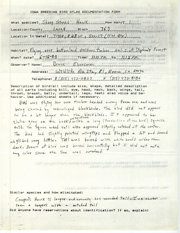 Rare bird documentation form for a Sharp-shinned Hawk at Lucas County, IA on June 16, 1988.