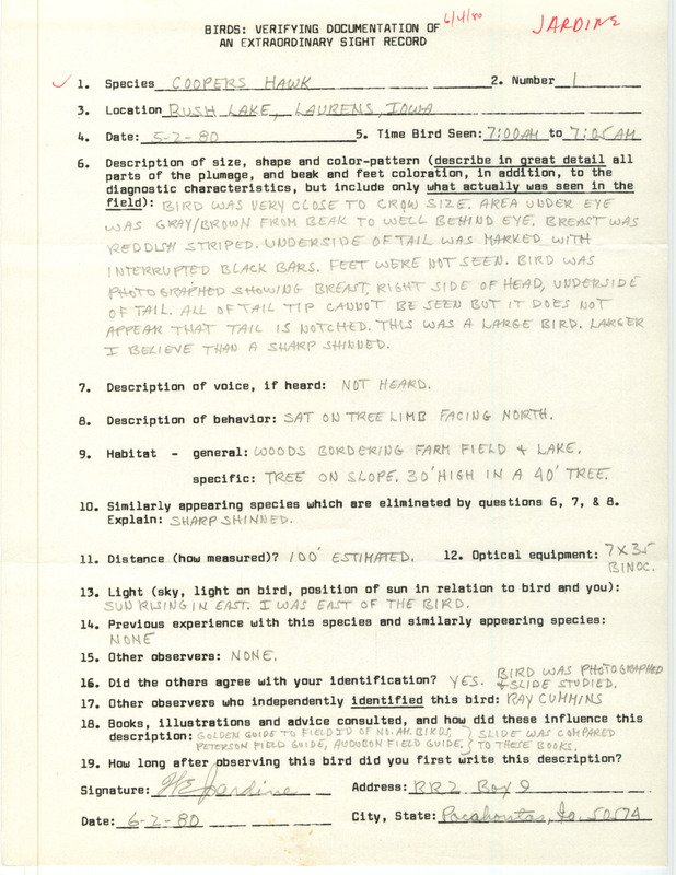 Rare bird documentation form for a Cooper's Hawk at Rush Lake in Palo Alto County, IA on May 2, 1980.