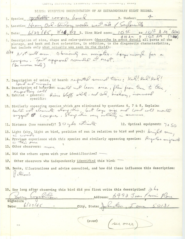 Rare bird documentation for four Cooper's Hawks at Saylorville in Polk County, IA on June 29, July 13, and July 26, 1985.