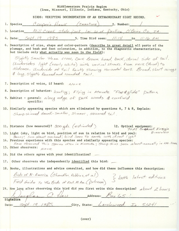 Rare bird documentation form for a Cooper's Hawk at Mill Creek State Park in O'Brien County, IA on September 19, 1985.