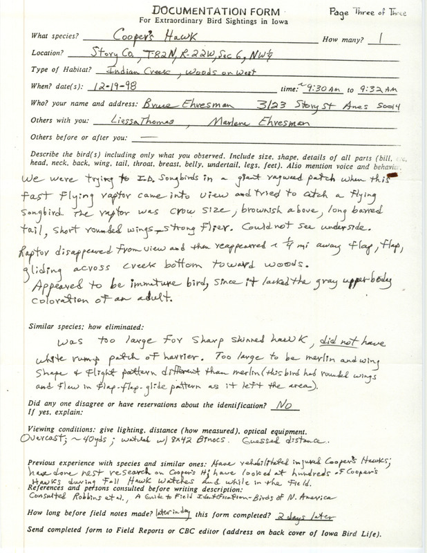 Rare bird documentation form for a Cooper's Hawk at Story County, IA on December 19, 1998.