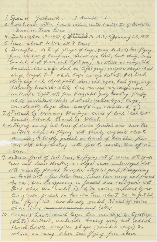 Rare bird documentation form for a Northern Goshawk near Coralville Dam in Johnson County, IA on November 17, 1972, January 14, 1973, and January 28, 1973.