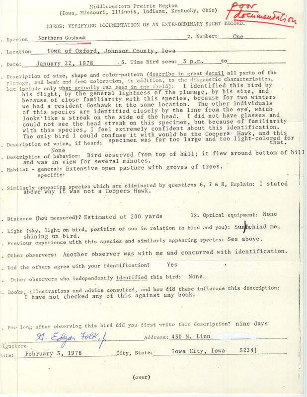 Rare bird documentation form for a Northern Goshawk at Oxford in Johnson County, IA on January 22, 1978.