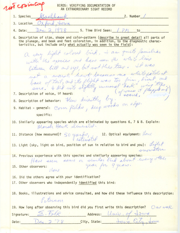 Rare bird documentation form for a Northern Goshawk at Oxford in Johnson County, IA on December 2, 1978.