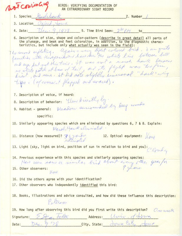 Rare bird documentation form for a Northern Goshawk at Oxford in Johnson County, IA on December 9, 1978.