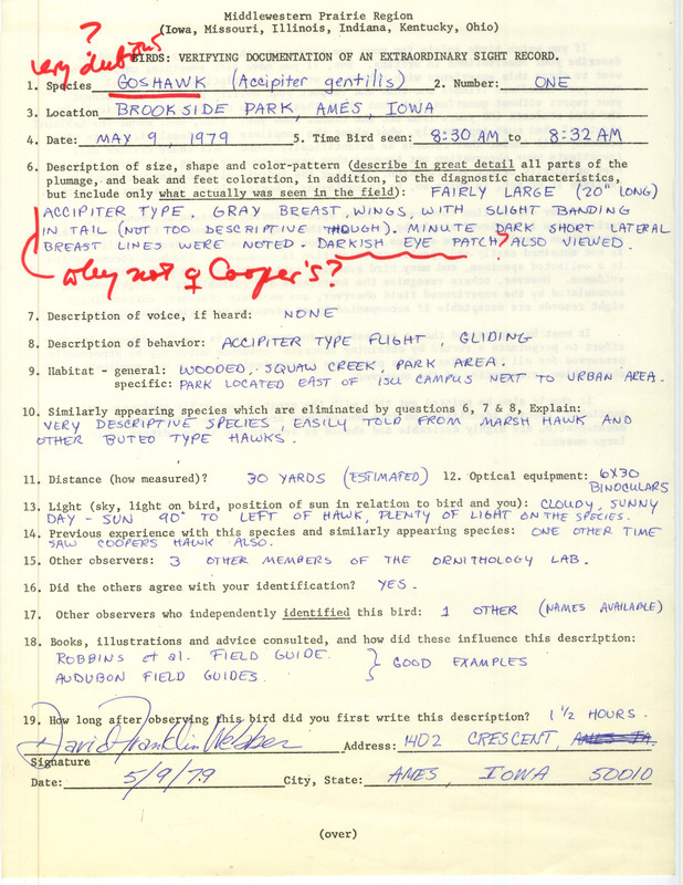 Rare bird documentation form for a Northern Goshawk at Brookside Park in Ames in Story County, IA on May 9, 1979.