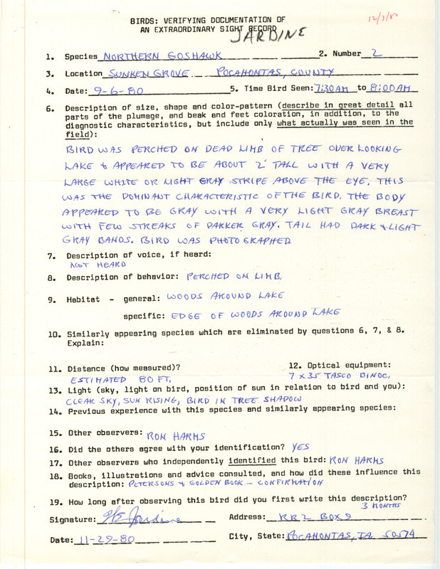 Rare bird documentation form for two Northern Goshawks at Sunken Grove at Pocahontas County, IA on September 6, 1980.