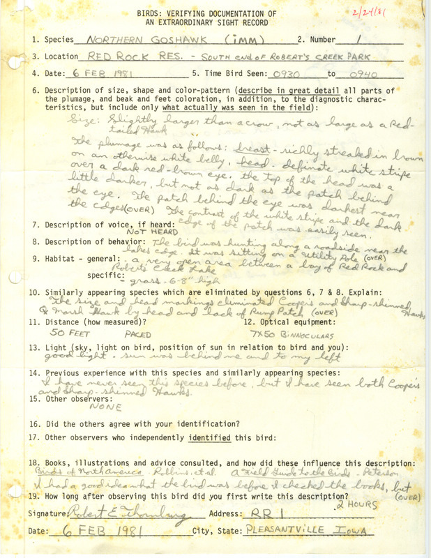 Rare bird documentation form for a Northern Goshawk at Red Rock Reservoir in Marion County, IA on February 6, 1981.