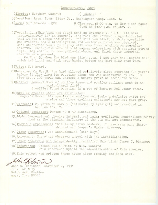 Rare bird documentation form for a Northern Goshawk at Ames in Story County, IA on November 5, 1981.