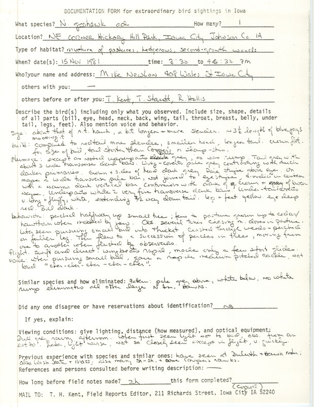 Rare bird documentation form for a Northern Goshawk at Hickory Hill Park in Johnson County, IA on November 15, 1981.