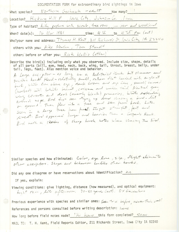 Rare bird documentation form for a Northern Goshawk at Hickory Hill Park in Johnson County, IA on November 16, 1981.