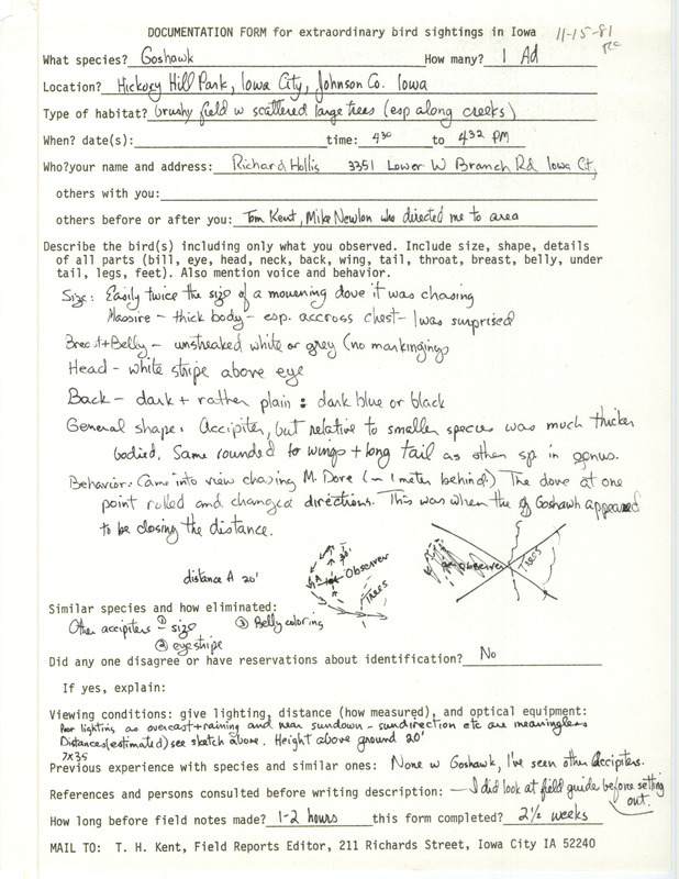 Rare bird documentation form for a Northern Goshawk at Hickory Hill Park in Johnson County, IA on November 15, 1981.