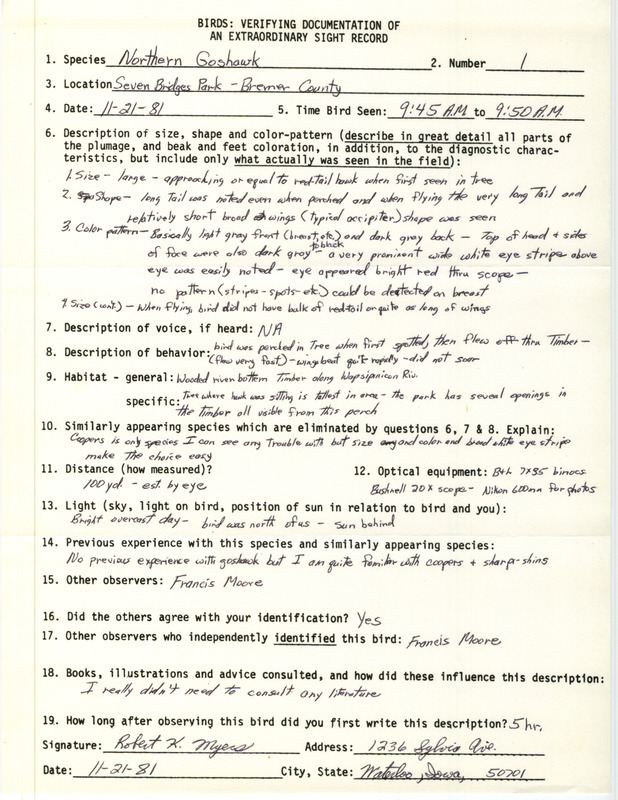 Rare bird documentation form for a Northern Goshawk at Seven Bridges Park in Bremer County, IA on November 21, 1981.