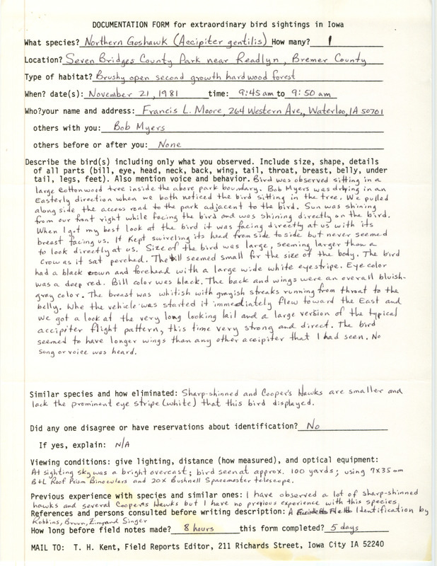 Rare bird documentation form for a Northern Goshawk at Seven Bridges County Park in Bremer County, IA on November 21, 1981.