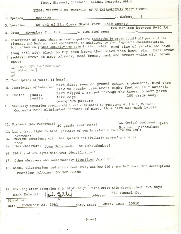 Rare bird documentation form for a Northern Goshawk at Big Creek State Park in Polk County, IA on November 21, 1981.