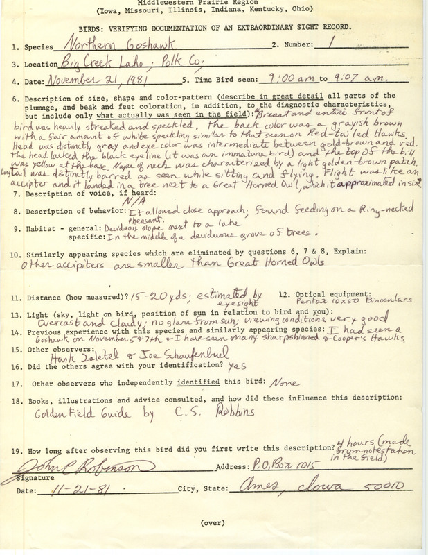 Rare bird documentation form for a Northern Goshawk at Big Creek Lake in Polk County, IA on November 21, 1981.