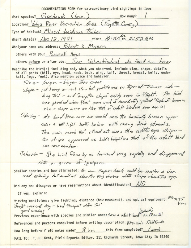 Rare bird documentation form for a Northern Goshawk at Volga River Recreation Area in Fayette County, IA on December 12, 1981.