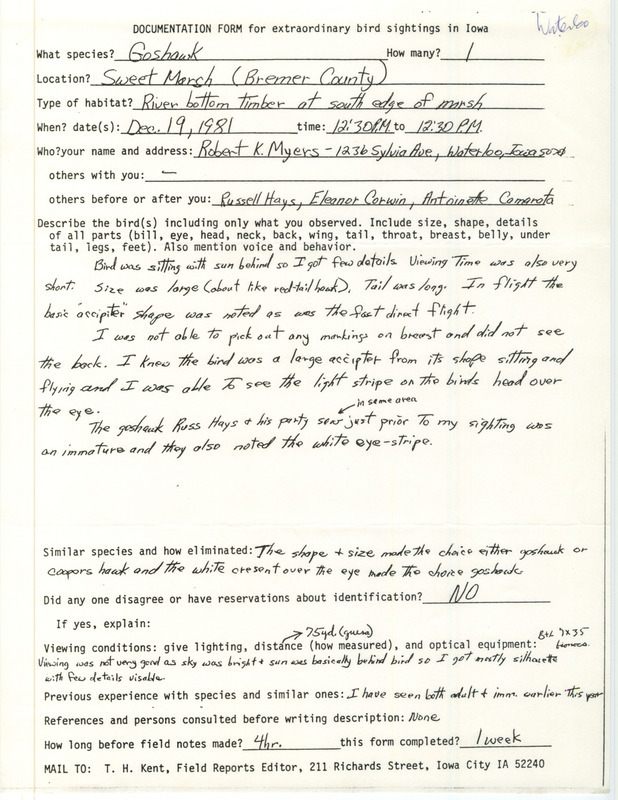 Rare bird documentation form for a Northern Goshawk at Sweet March in Bremer County, IA on December 19, 1981.