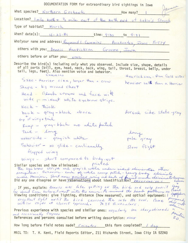 Rare bird documentation form for a Northern Goshawk at Lakin's Slough at Guthrie County, IA on December 23, 1981.