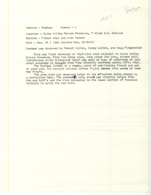 Field notes written by Robert Walton detailing the sighting of a Northern Goshawk at Swiss Valley Nature Preserve in Dubuque County, IA on December 26, 1981. The bird was also seen between December 22 and 24, 1981.