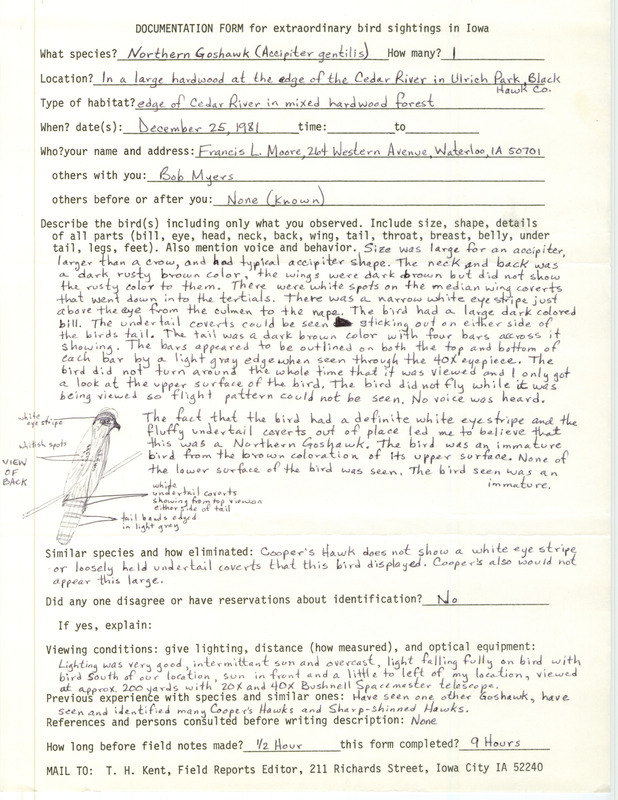 Rare bird documentation form for a Northern Goshawk at Ulrich Park in Black Hawk County, IA on December 25, 1981.