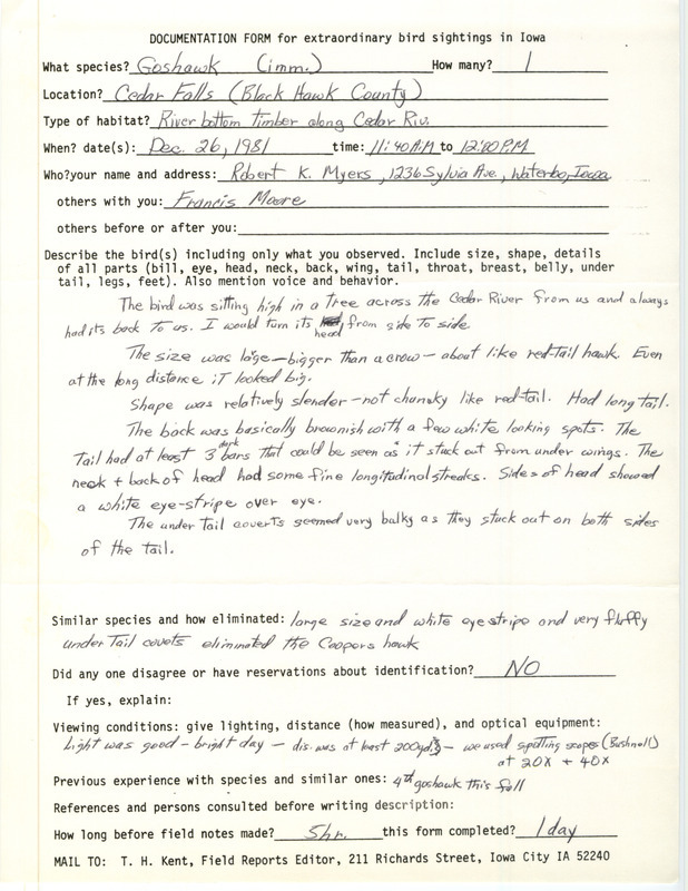 Rare bird documentation form for a Northern Goshawk at Cedar Falls in Black Hawk County, IA on December 26, 1981.