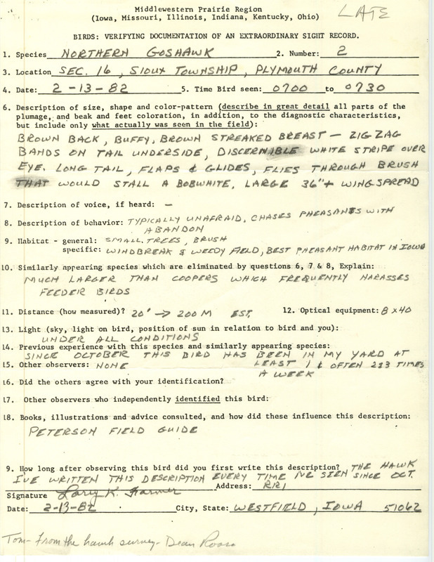 Rare bird documentation form for two Northern Goshawks at Sioux Township in Plymouth County, IA on February 13, 1982.